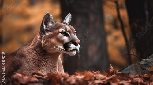 a portrait of a wild cougar in the autumn forest with orange leaves. Generative AI