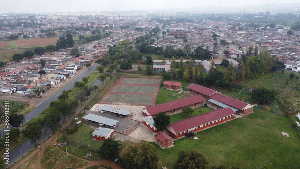 Aerial view of small school in soweto african informal settlement