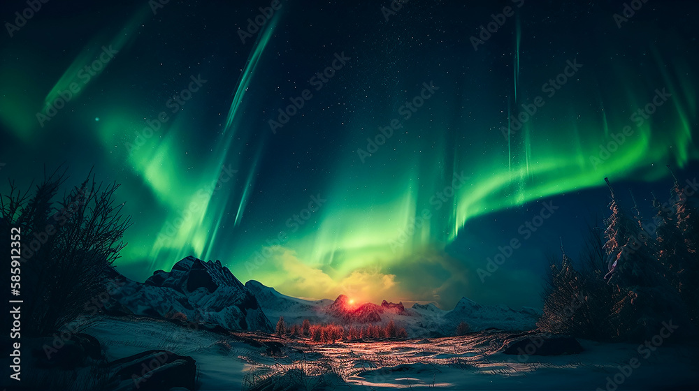 Night Sky Nature Outdoor Camping, with Northern Lights and Mountains. Generative AI.
