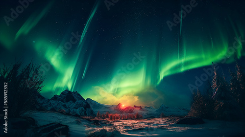 Night Sky Nature Outdoor Camping, with Northern Lights and Mountains. Generative AI. © Dipto AI Art Hub