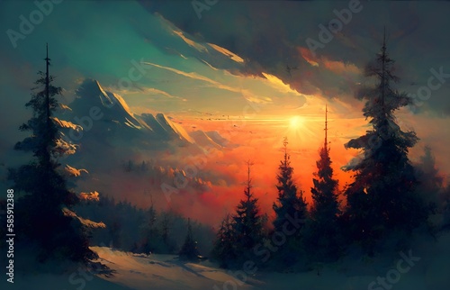 sunset in the mountains, orange sunset, spruce forest, generative AI