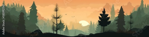 Panoramic banner with forest, black forest on sunrise, Fall mountains, AI generative panorama