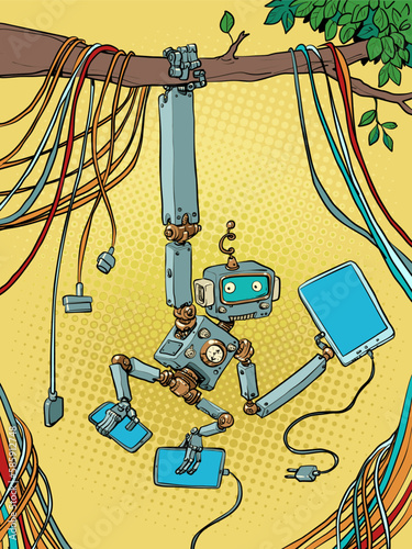 A robot monkey hangs on a tree branch while it is surrounded by a lot of technology. Synthesis of technological development and environmental agenda.