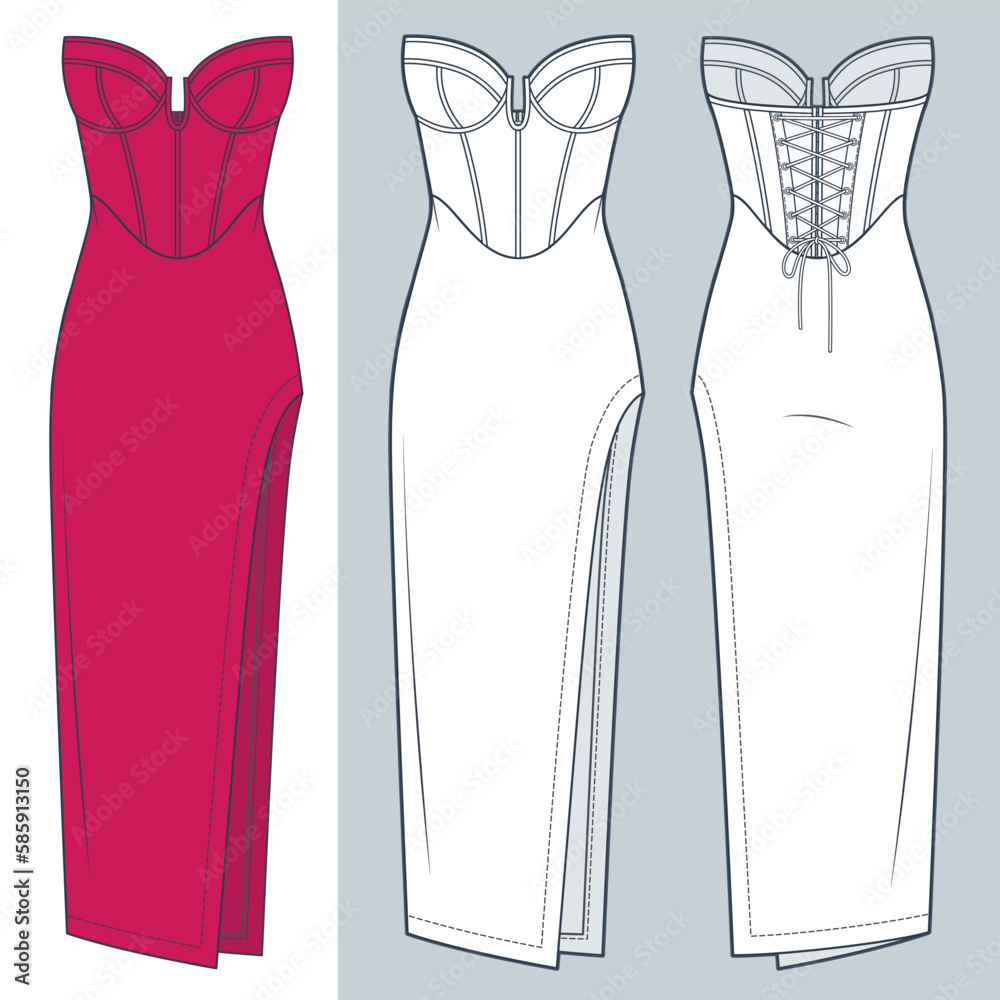 Vecteur Stock Women Bustier maxi Dress technical fashion illustration.  Corset strapless Dress fashion flat technical drawing template, side slit,  lace-up, front and back view, white, red color, CAD mockup set. | Adobe