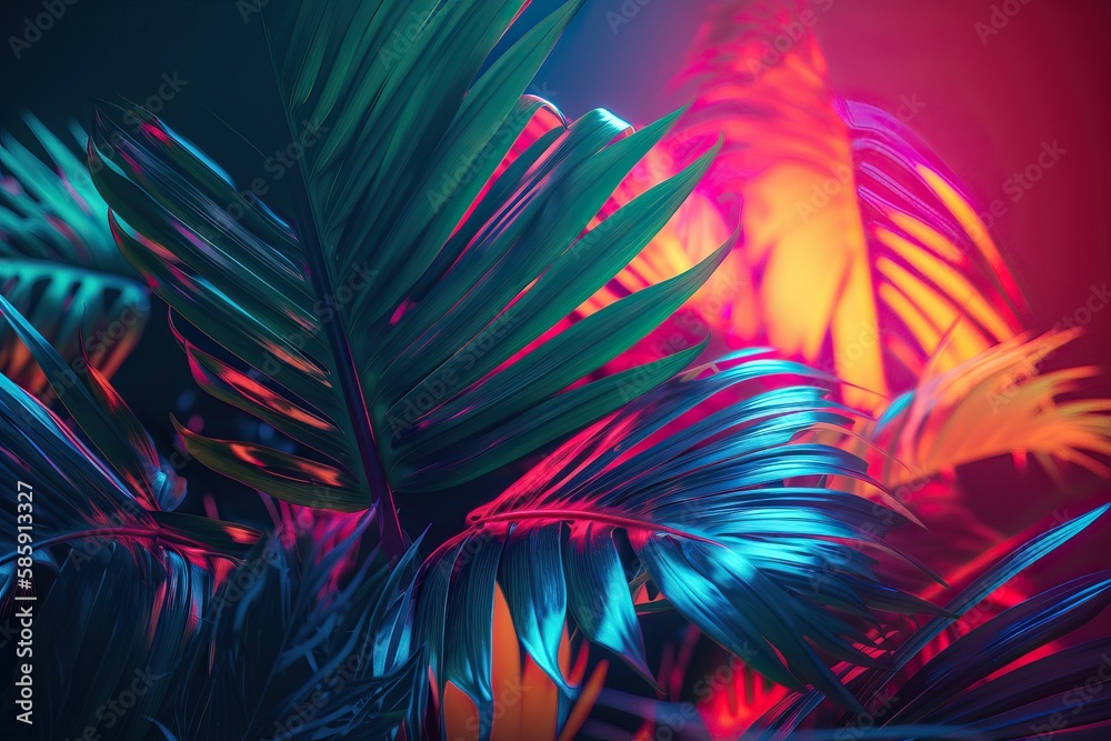 Tropical and palm leaves in vibrant bold gradient holographic neon colors. Concept art. AI generated