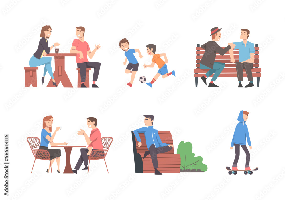 People Characters Walking in the Park Sitting on Bench and at Cafe Table Vector Set People Characters Walking in the Park Sitting on Bench and at Cafe Table Vector Set