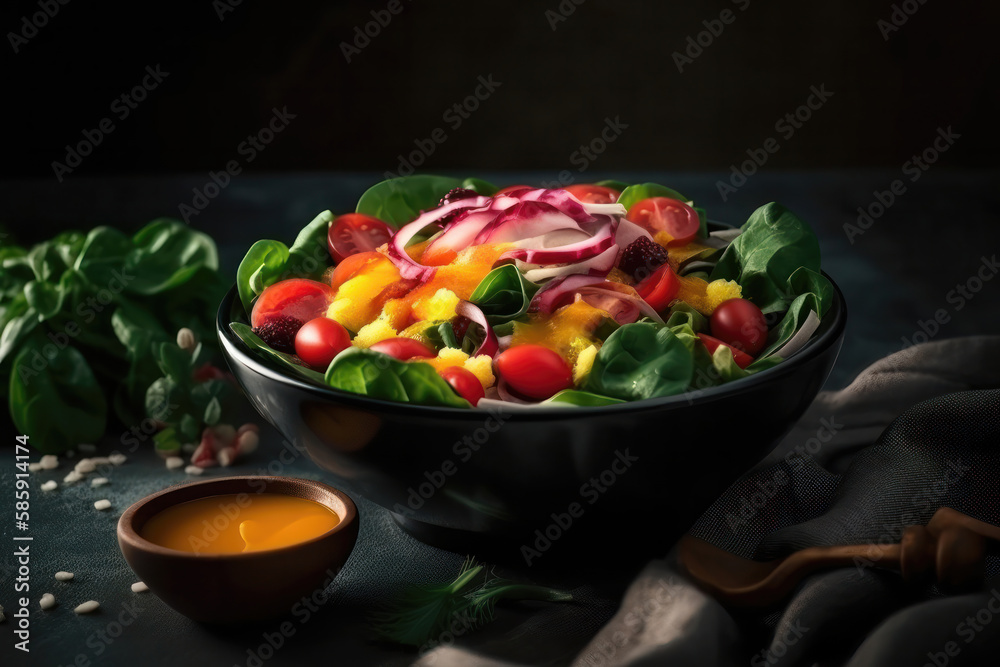 A Feast for the Senses: A Bowl of Colorful Fresh Salad with Tasty Dressing. Generative Ai