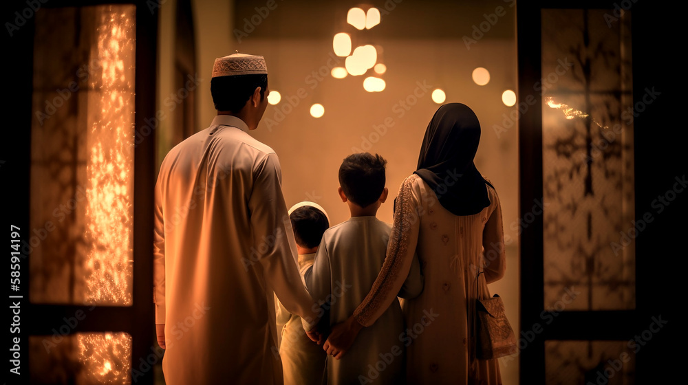 back view of muslim family view moon islamic ramadan mubarak night, eid greetings, chand raat mubarak, Generative Ai, 