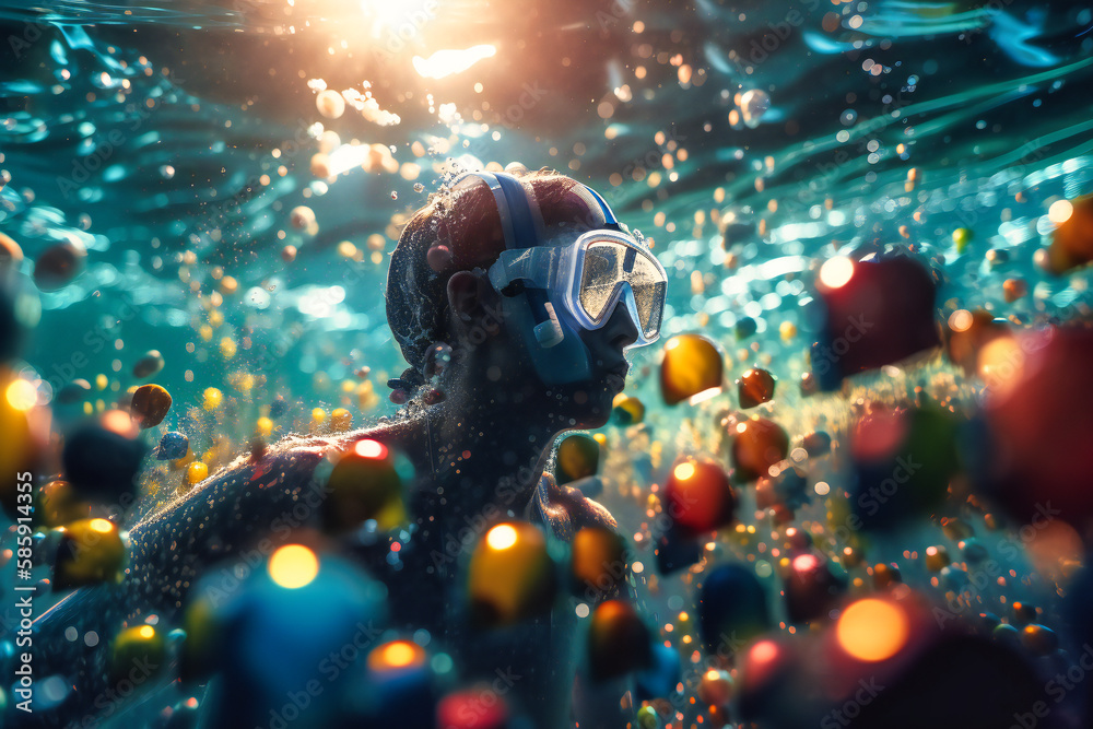 A stunning, underwater view of a swimming competition, with bubbles and refracted light streaming around powerful athletes A stunning, underwater view of a swimming competition, with bubbles and refracted light streaming around powerful athletes