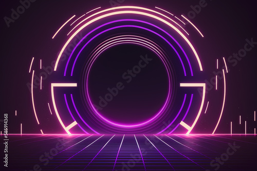 Abstract background with neo circle in the center. Retro cyberpunk style background. Neon light grid landscapes. Generative AI