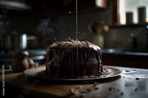 Fresh Hot Fudge Being Poured Onto Chocolate Cake photo