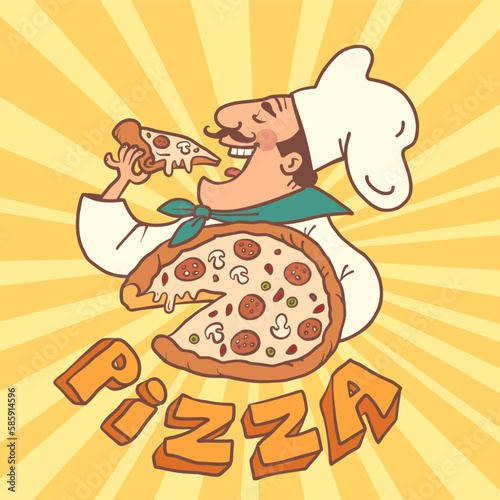 A man in a cap and a chef uniform is holding and eating pizza. Italian signature restaurant. Delivery of the most delicious and fresh food. Product quality assurance.
