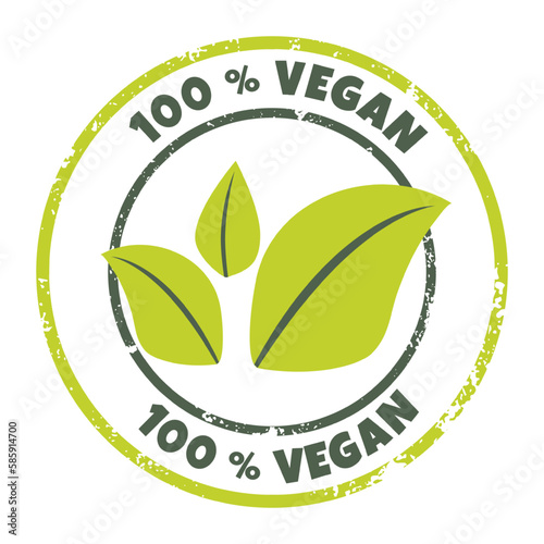 100 percent vegan icon. Vector label, logo, sticker. Textured round organic, bio, eco symbol with green leaves. Concept of lactose free, nonviolent healthy, fresh food