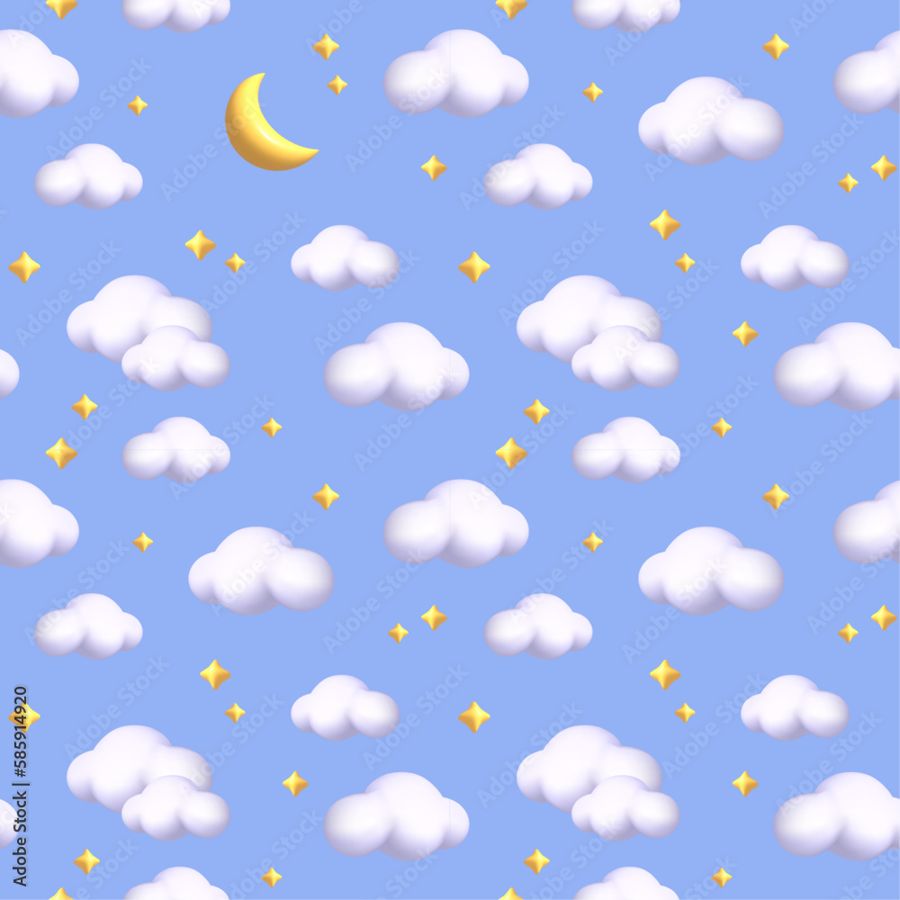 Seamless pattern with 3d white cloud, golden stars, half moon, crescent on blue. Vector illustration for postcard, poster, banner, web, design, arts, print for packaging, fabrics, wallpapers.