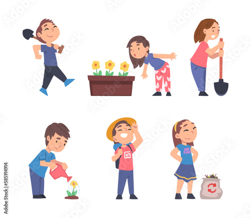 Little Children Loving Planet Taking Care of Earth and Environment Vector Set