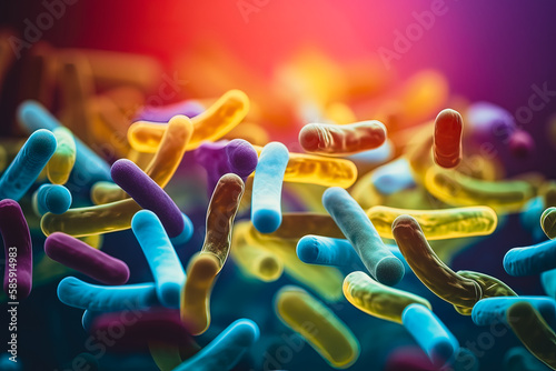 Biofilm of antibiotic resistant bacteria, closeup view. Rod-shaped and spherical bacteria. Generative AI photo
