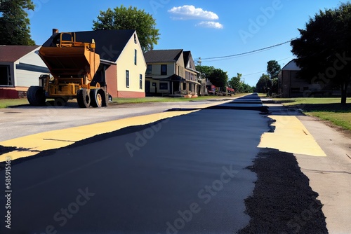 road surface being repaved with new asphalt in residential neighborhood, created with generative ai photo