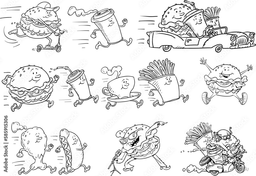 Set collection of fast food products street or road restaurant. Burger fries drink cola chicken