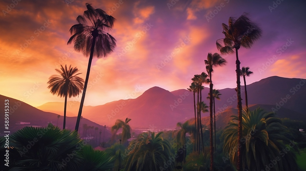 Asian landscape, featuring towering palm trees in the foreground and majestic green mountains in the distance. Sun begins to set, the sky is filled with warm hues of orange and purple - Generative AI