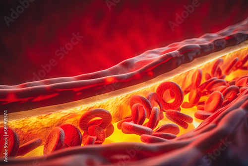 Clogged artery and atherosclerosis disease medical concept with a three dimensional human artery with blood cells that is blocked by plaque buildup of cholesterol. Generative AI photo