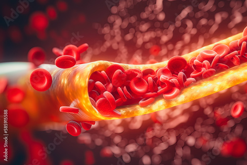 Clogged artery and atherosclerosis disease medical concept with a three dimensional human artery with blood cells that is blocked by plaque buildup of cholesterol. Generative AI