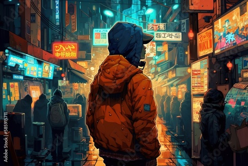  a man in a red jacket is standing in a city at night with neon signs and neon lights on the buildings and people walking down the street. generative ai
