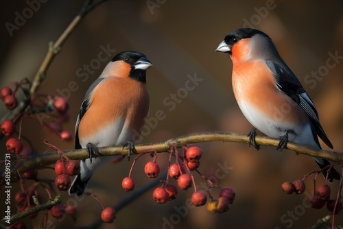  two birds sitting on a branch with berries on it's branches and one bird is looking at the other bird in the distance with a blurry background.  generative ai © Shanti