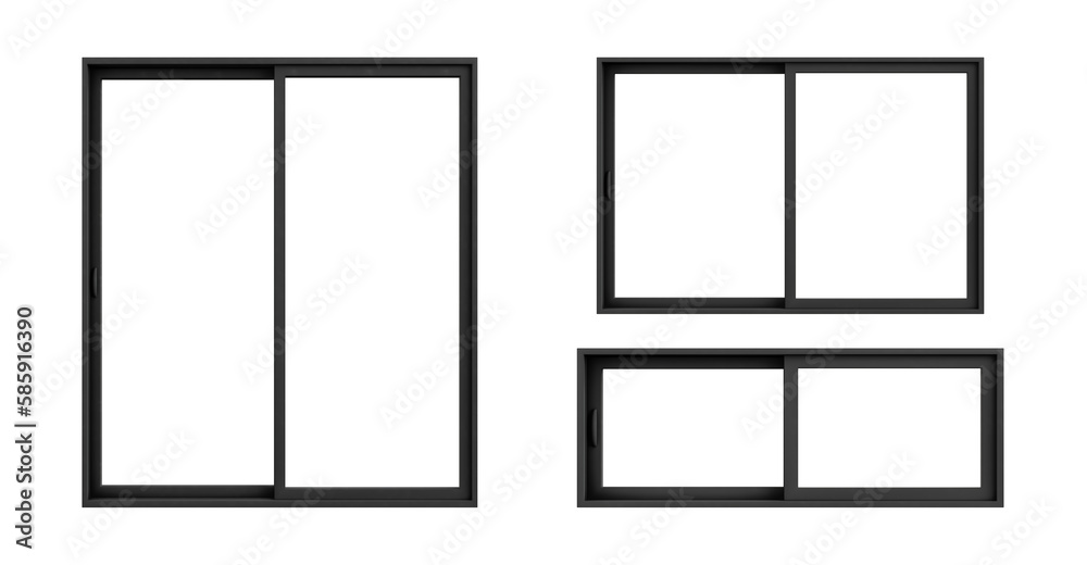 Modern black office window frame set isolated on white background, minimal style double pvc panes in various type for interior design element 3D rendering Modern black office window frame set isolated on white background, minimal style double pvc panes in various type for interior design element 3D rendering