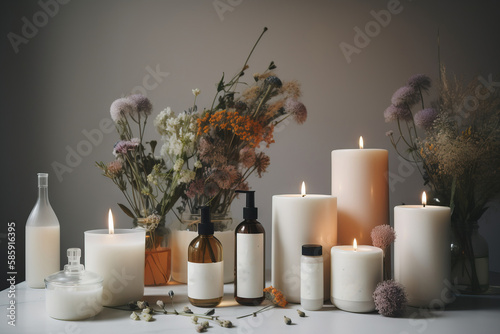  a table topped with lots of candles and bottles of liquid next to flowers and bottles of candles on top of a white tablecloth covered table. generative ai