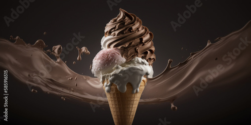 Tasty ice-cream cone with sprinkles and chocolate sauce photo
