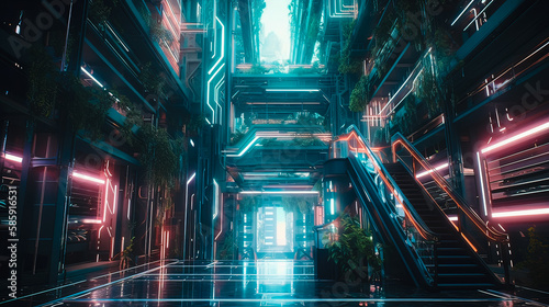 Concept art illustration of futuristic atrium in cyberpunk style. Cyberpunk interior. Generative AI.