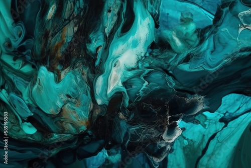  a close up of a blue and green painting with a black background and a black and white design on the bottom of the image and bottom half of the image.  generative ai