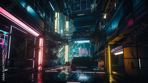 Concept art illustration of futuristic atrium in cyberpunk style. Cyberpunk interior. Generative AI.