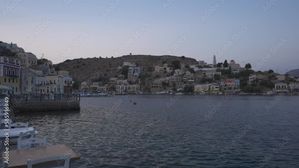 Colourful houses during golden hour, Symi Town, Symi Island, Dodecanese Islands, Greek Islands, Greece, Europe Colourful houses during golden hour, Symi Town, Symi Island, Dodecanese Islands, Greek Islands, Greece, Europe
