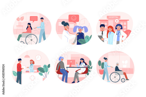 Hospital with Medical Staff Seeing Patient Engaged in Consultation and Diagnosis Vector Set