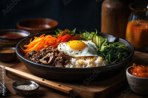Bibimbap Bliss: A Delicious Plate of Korean Goodness. Generative Ai