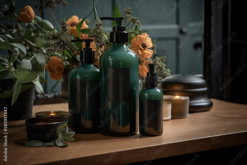 three bottles of green liquid sitting on a table next to a vase with flowers and candles on it and a candle holder in the background. generative ai three bottles of green liquid sitting on a table next to a vase with flowers and candles on it and a candle holder in the background. generative ai