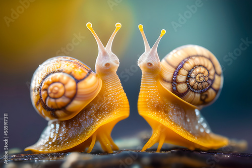 alien snails close-up, macro photo of two snails, if aliens under the guise of snails penetrated our planet, generative AI