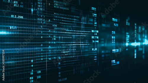 HUD data User Interface. Programming source code abstract background. Cyber technology futuristic data on a screen. Online Internet cyberspace reality concept background. Generative AI