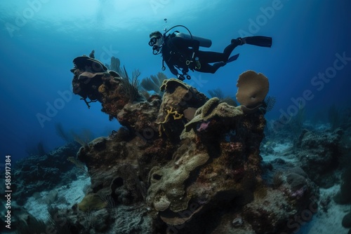 a scuba diver swimming over a coral reef in the ocean with a large group of corals on the bottom of the reef and a large group of corals on the bottom. generative ai