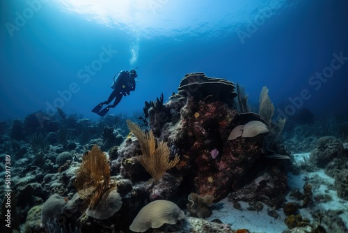  a scuba diver swims over a coral reef in the blue water of a tropical island, with a variety of sea life, including corals, sponges and sponges. generative ai
