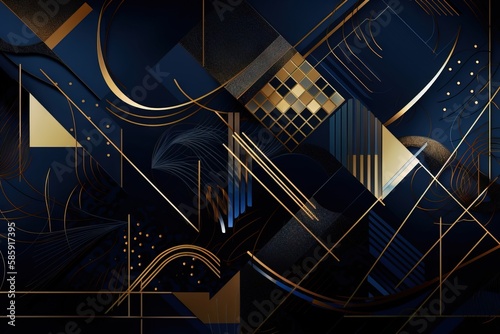  a black and gold abstract background with lines, shapes, and shapes in gold and blue tones, with a black background with a gold rectangle. generative ai
