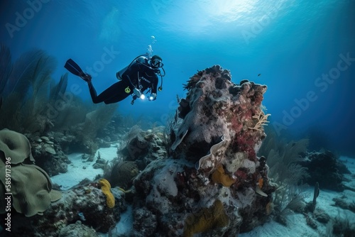 a scuba diver swims over a coral reef in the ocean with a camera on his shoulder and a camera on his shoulder and a camera in his hand.  generative ai