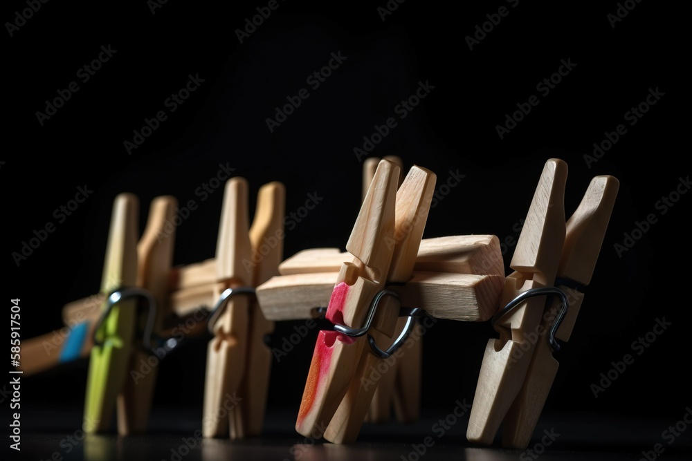  a row of wooden clothes pegs with colored clothes pins attached to each of them with a red string attached to each of the pegs.  generative ai