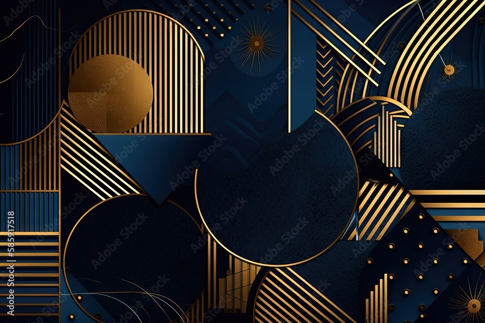 a black and gold abstract background with circles, lines, and shapes on ...
