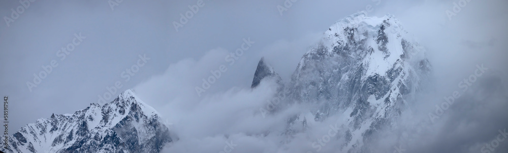 Panoramic view of misty ladyfinger mountain landscape