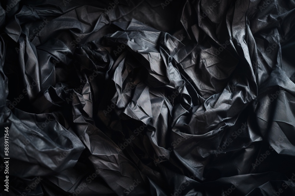  a pile of crumpled black paper sitting on top of a table next to a wall with a clock on it's side of it.  generative ai