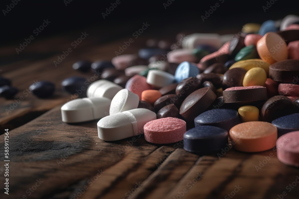  a pile of pills sitting on top of a wooden table next to a bottle of pills and a spoon of pills on top of a wooden table.  generative ai