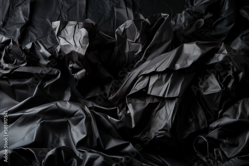  a pile of crumpled black paper sitting on top of a bed covered in black sheets of paper on top of a wooden table next to a wall. generative ai