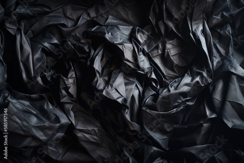  a pile of crumpled black paper sitting on top of a table next to a wall with a clock on it's side of it. generative ai